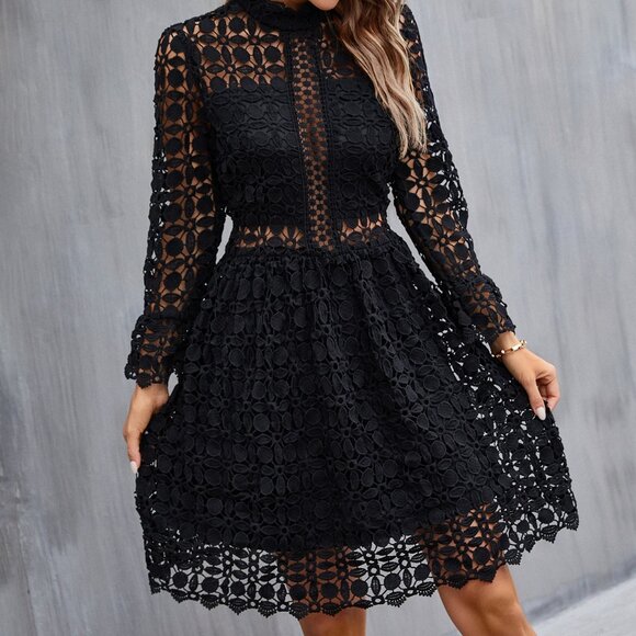 Mock Neck mesh insert Flounce Sleeve Lace Dress black - Picture 6 of 10